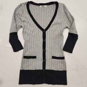 Y2K UNIQUISM Two-Tone Ribbed Sz S Button 3/4 Sleeve Gray Cardigan Light Academia